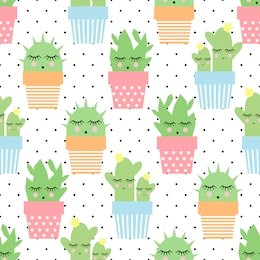 cactus in cute pots seamless pattern on polka dots background. simple cartoon plant vector illustration. child drawing style cute sleeping cactus background. design for fabric and decor.