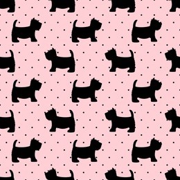 scottish terrier seamless pattern. cute dogs on pink polka dots background. child drawing style puppy background. design for fabric and decor.