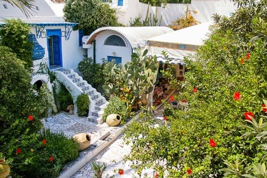traditional white and blue interior of house in sidi bou said, tunisia.