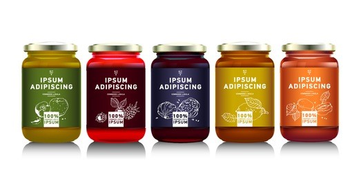 glass jar with with jam, configure or honey. vector illustration. packaging collection. label for jam. bank realistic. mock up  mason jar with design label or badges