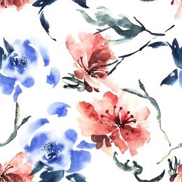 watercolor and ink illustration of flowers in style sumi-e, u-sin. oriental traditional painting.  seamless pattern.
