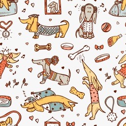 animals. pets. funny dachshund dogs. dog vector seamless pattern. hand drawn doodles dachshunds. 