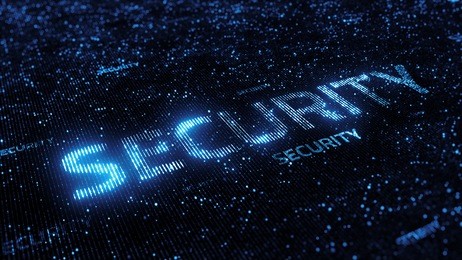computer theme word made of random dots on fractured string background with glow, abstract digital background with depth of field, particle style illustration