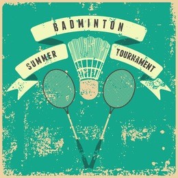 badminton typographic vintage grunge style poster. retro vector illustration with rackets and shuttlecock.