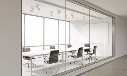 empty meeting room in office. corridor view. concept of business meeting. mock up. 3d render.