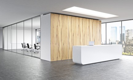 empty office, white reception at wooden wall. panoramic window right, meeting room behind. new york. concept of reception. 3d rendering