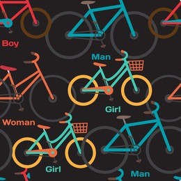 seamless textile pattern with family to ride a bike. set riding bikes isolated on black background. vector color seamless flat pattern