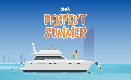 perfect summer yacht trip. people swimming near yacht in exotic destination with city on the background. 