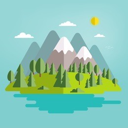 landscape. the isolated nature landscape with mountains, hills, river and trees. summer landscape. flat style vector illustration. background