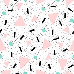 hand drawn abstract pattern in black, pastel pink and mint green on white background. seamless retro style repeating background.