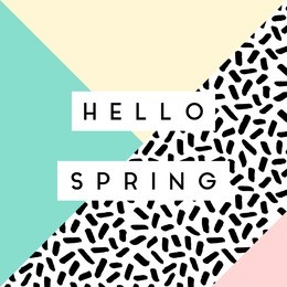 abstract retro style geometric design in black, white and pastel colors. "hello spring" greeting card, poster, brochure design.
