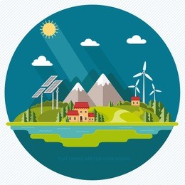 environmental landscape cottages mountains in the background. solar and wind energy. construction of eco housing protection.  flat design style vector illustration.