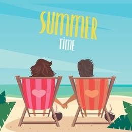 couple sitting on the deck chairs at the sea. view from the back - love or vacation concept. vector illustration