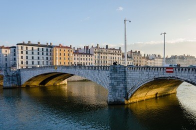 view on the saone river and the bridge of bonapart, lyon, franc