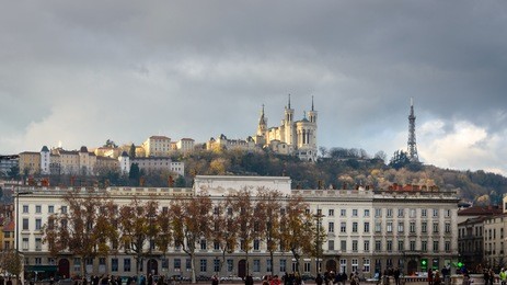 view on the  basilique notre dame de fourviere from place bellecour, lyon, france