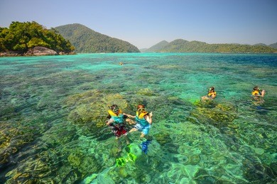 snorkeling point with beautiful coralscape at surin national park ,khao lak,phang-nga, thailand (unkown people)