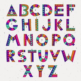 set of abc letters. colorful hand drawn graphic font. ethnic tribal vector alphabet. 
