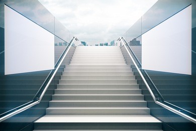 empty white stairs in pedestrian subway with dull sky. 3d render