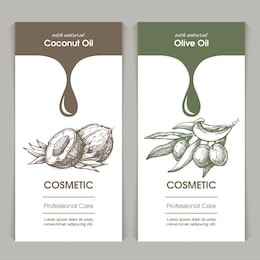 vector set of templates packaging cosmetic, label, banner, poster, identity, branding.   stylish design with sketch illustration of coconut and olive branches. hair care, skin care. natural oils.