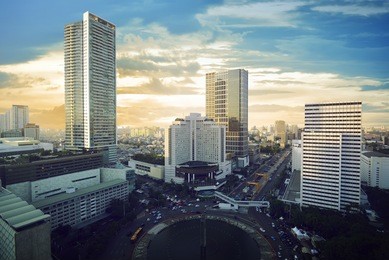 jakarta city with modern building and sunset sky