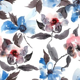watercolor and ink illustration of flowers in style sumi-e, u-sin. oriental traditional painting.  seamless pattern.