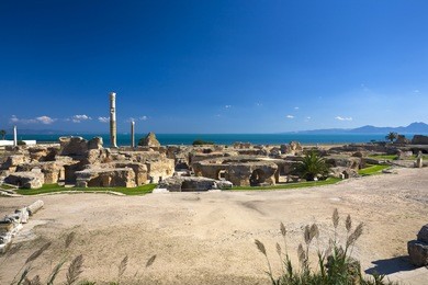 tunisia. ancient carthage. panorama of antonine baths - large column from frigidarium on left side