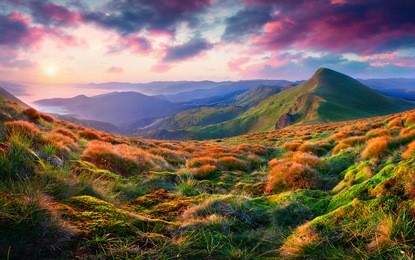 cozy morning scene in the mountain. rolling hills and foggy valley glow under warm sunlight. sunrise in carpathians, ukraine.