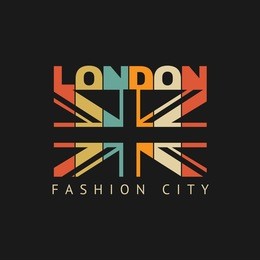 vector illustration on the theme of london. stylized british flag. slogan: london fashion city.  typography, t-shirt graphics, poster, banner, flyer, postcard