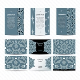 set of designs for business cards and booklets. 6 colorful business card template and 3 booklet template . vector vintage visiting card set. floral mandala pattern and ornaments. 