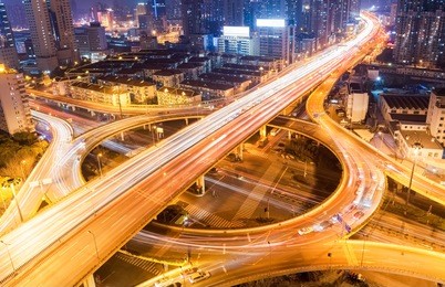 shanghai city interchange closeup at busy night 