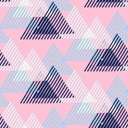 vector seamless geometric pattern with striped triangles, abstract dynamic shapes in blue, pink, white colors. hand drawn funky background with lines in 1990s fashion style. modern tech textile print.