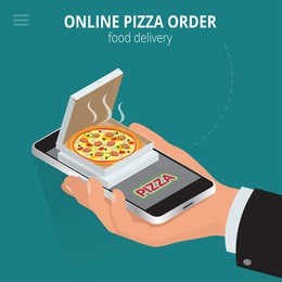 ecommerce concept: order food online website. fast food pizza delivery online  service. flat isometric vector illustration. can be used for advertisement, infographic,  game or mobile apps icon. 