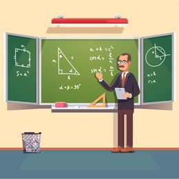 mid age teacher with glasses and mustache giving a trigonometry lecture on a chalkboard. flat style color modern vector illustration.