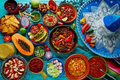 mexican food mix colorful background mexico and sombrero