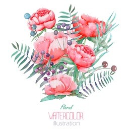 an illustration with a bouquet of the beautiful watercolor red peonies, leaves, branches and purple berries, hand-drawn in a watercolor on a white background