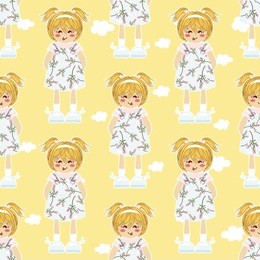 vector seamless pattern. kawaii baby girl with cute ponytails, kids dress, shoes on sky with clouds. ornament for childish, festive design, baby cotton, textile, paper. flat style. blue, pink, white