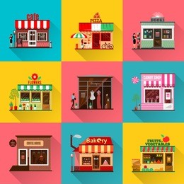 set of flat shop building facades icons. vector illustration for local market store house design. street cafe, small business retail, pizza candy front kiosk, baby boutique fruit food mall concept app