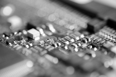 computer circuit board, close up of circuit board , black & white photo