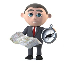 3d render in a cartoon style of a businessman holding a map and compass
