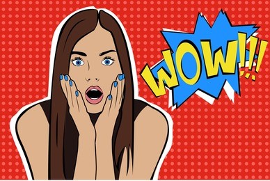 pop art surprised brunette woman face with open mouth.