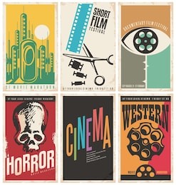 collection of retro movie poster design concepts and ideas. vintage cinema posters set. western movies, documentary film, horror, science fiction, short film festival and cinema flyer templates. 