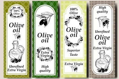 vector packaging design elements and templates for olive oil labels and bottles - seamless patterns for background and stickers with logos. hand drawn branch with olives, bottle