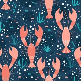 vector seamless sea life pattern with lobsters