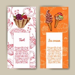 vector poster with hand-drawn desserts. delicious food. decorative background. beautiful card