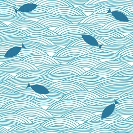 vector seamless pattern with ocean waves and fishes. abstract doodle hand drawn illustration with fish silhouettes.
