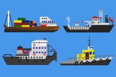 set of industrial cargo ships and boats. pixel art vector illustration