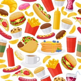 beautiful  fast food icons seamless background. cheeseburger pizza tea coffee cola chips pancakes donuts french fries hot dog taco muffin mustard ketchup vector illustration pattern.