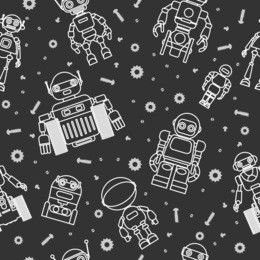modern seamless robots and cogwheels flat linear pattern isolated on black background. vector illustration.