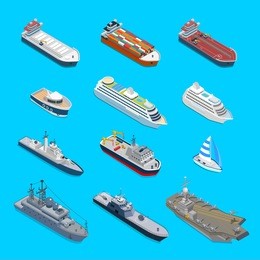 isometric 12 ship detailed web vector icon set. flat 3d isometry nautical naval civil military travel transport collection. tanker cargo cruise ship aircraft carrier cruiser coast guard boat yacht.