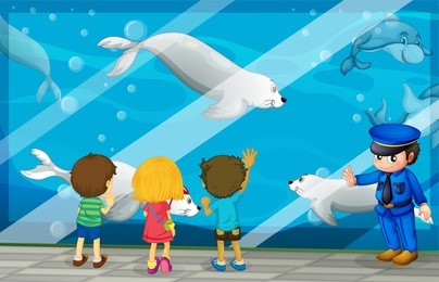 children looking at fish at the aquarium illustration